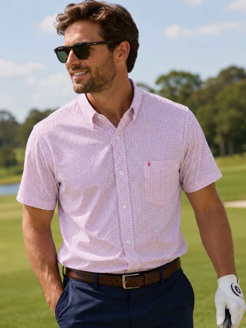 Mens Izod Performance golf shirt Sz M Button Down Stretch Geometric Print pink